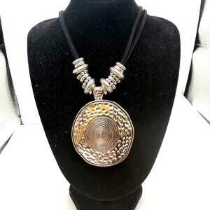 Chunky Silver Tone Pendant Necklace Large Disc Statement Necklace Black Cord Mod